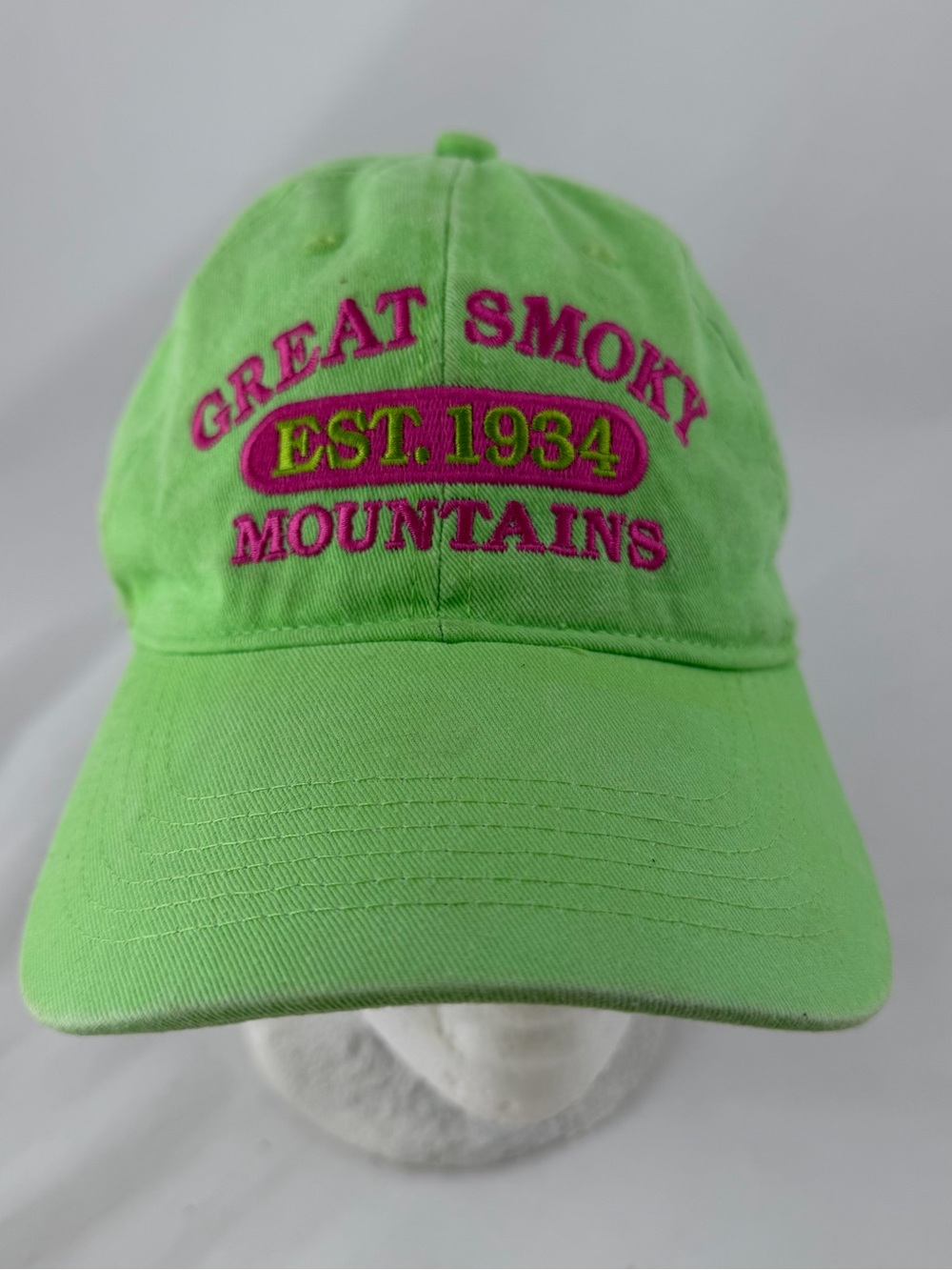 Great Smoky Mountains Lime Green Embroidered Baseball Cap by
